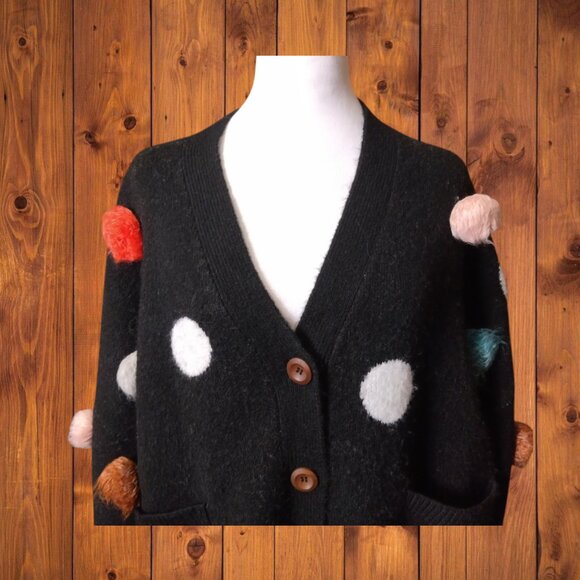 Kerisma Women's One Size Black Button Front Cardigan Sweater With Pom Pom Accent - Picture 2 of 8